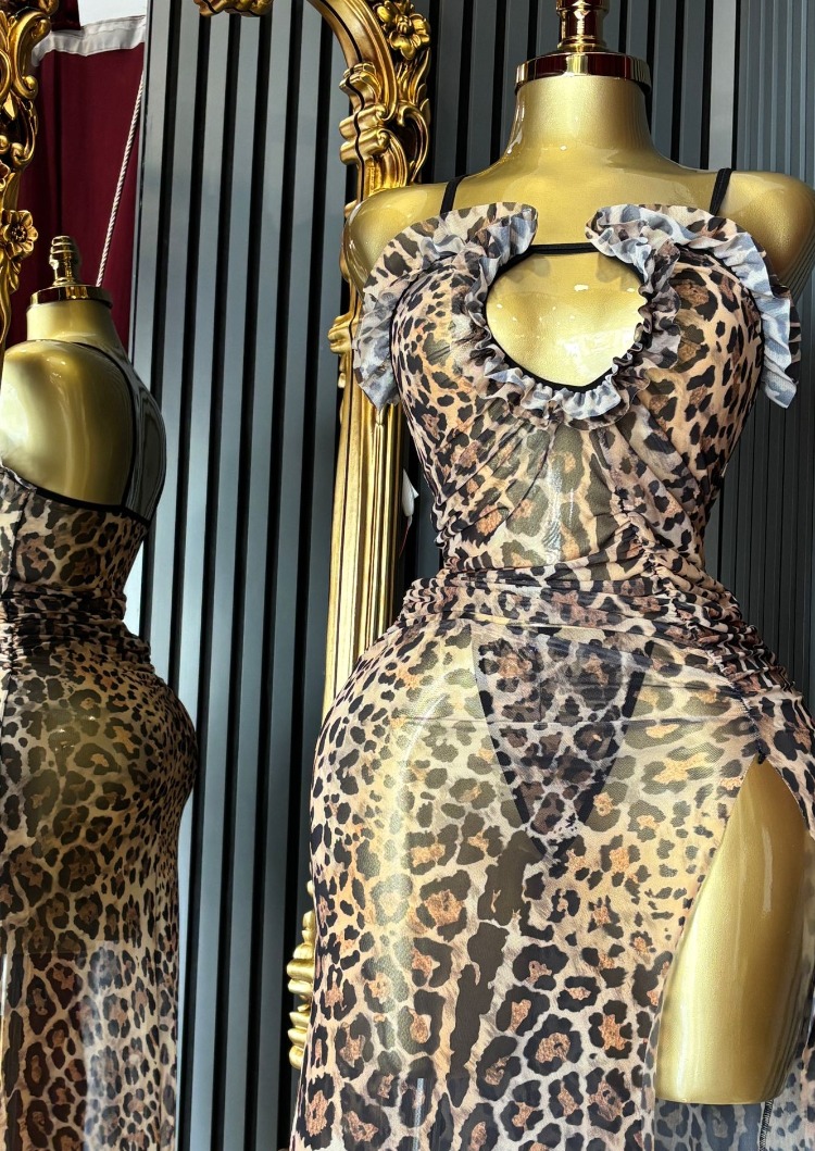 Leopar Derin Yırtmaç Detaylı Tangalı Gecelik
