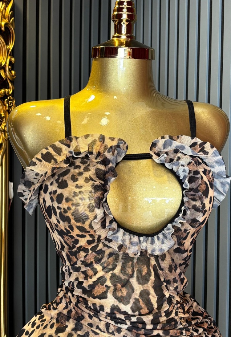 Leopar Derin Yırtmaç Detaylı Tangalı Gecelik
