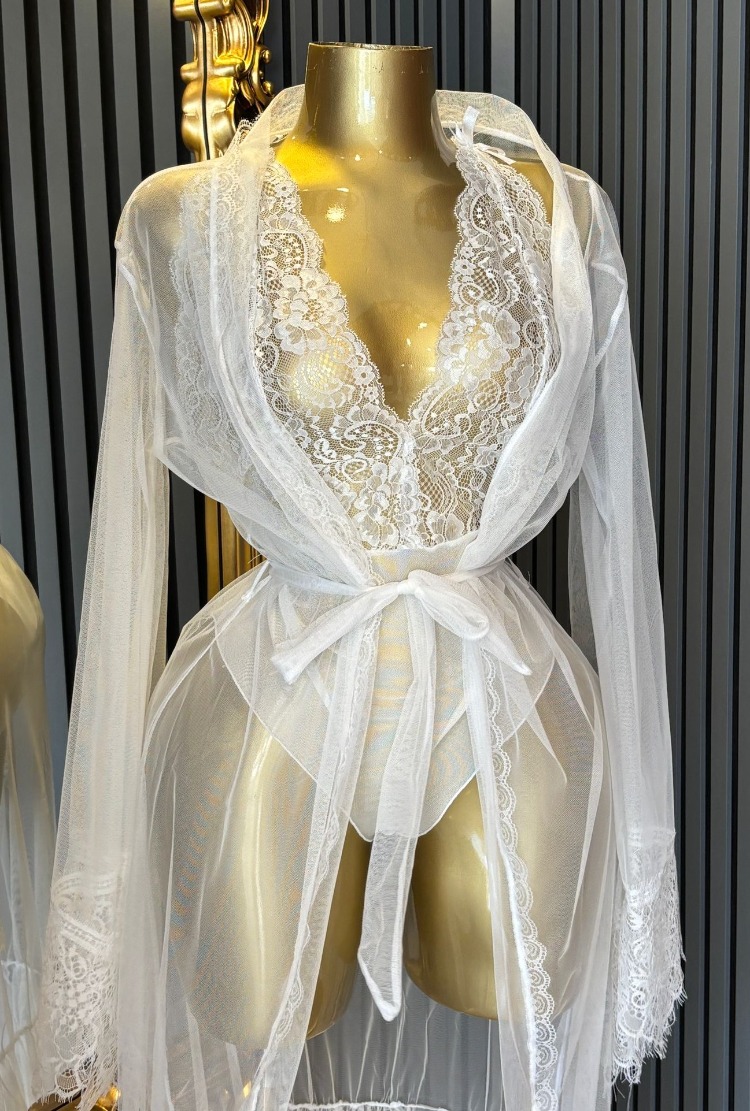 Dantelli Gelin Tül Sabahlık ve Body Set