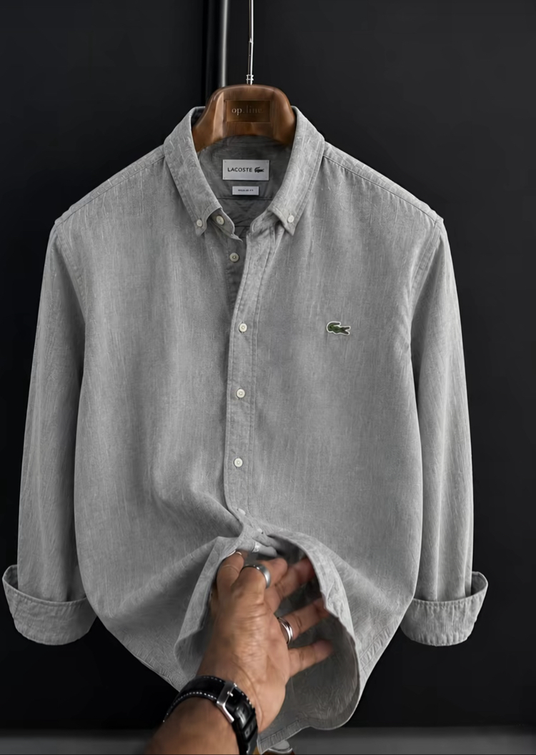 LACOSTE - GRİ - %100 HAM KETEN GÖMLEK 