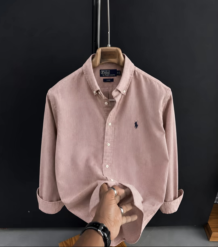 POLO - TOZ PEMBE - %100 HAM KETEN GÖMLEK 
