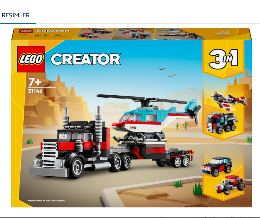 LEGO Creator 3’ü 1 Arada Helikopterli Açık Kasa Kamyon 31146