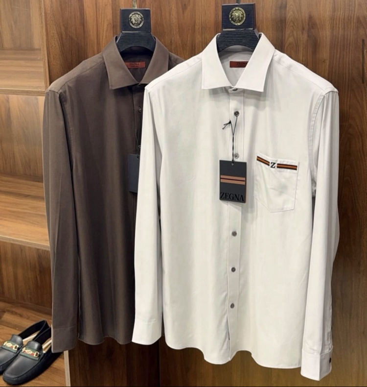 Zegna Cotton Twill Fabric with Unique Windsor Collar and Pocket Design Long-Sleeve Shirt