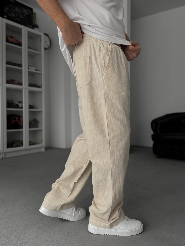 Krem İp Detaylı Keten Pantolon