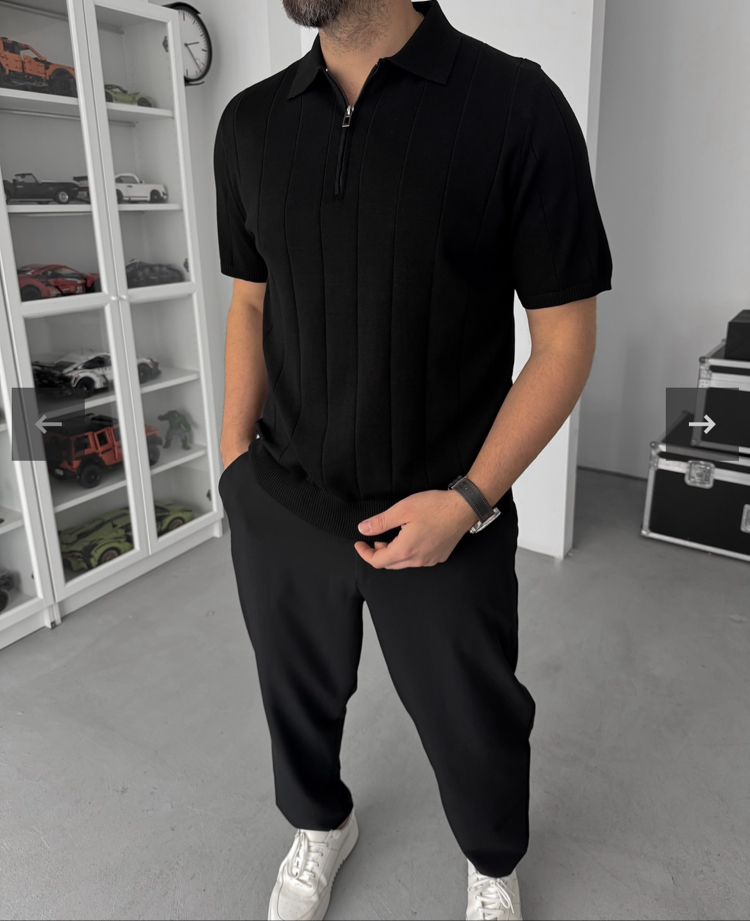 Siyah Fermuarlı Triko Tshirt