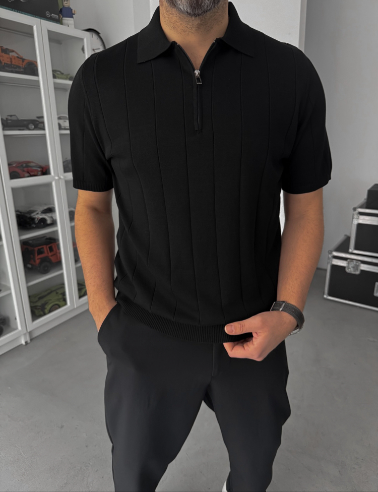 Siyah Fermuarlı Triko Tshirt