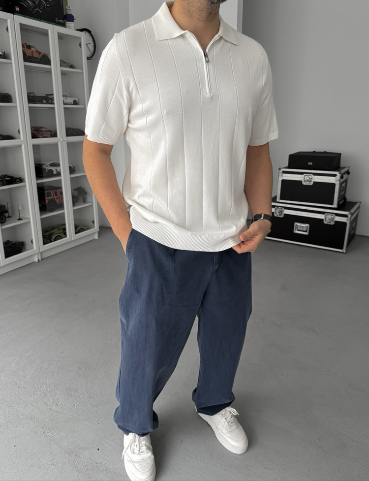 Beyaz Fermuarlı Triko Tshirt