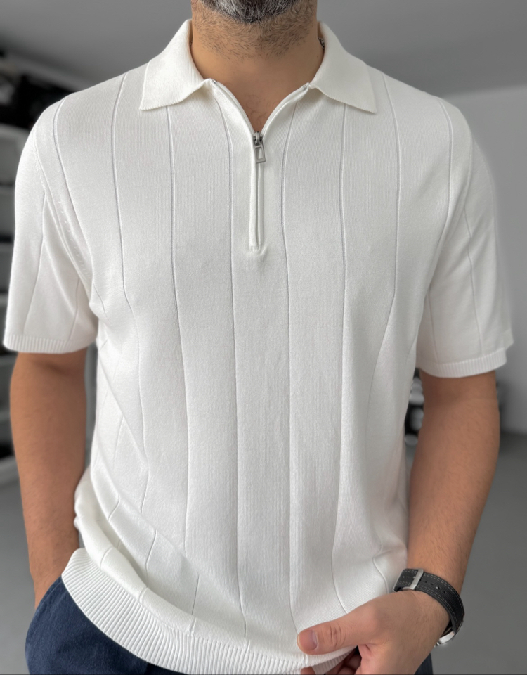 Beyaz Fermuarlı Triko Tshirt