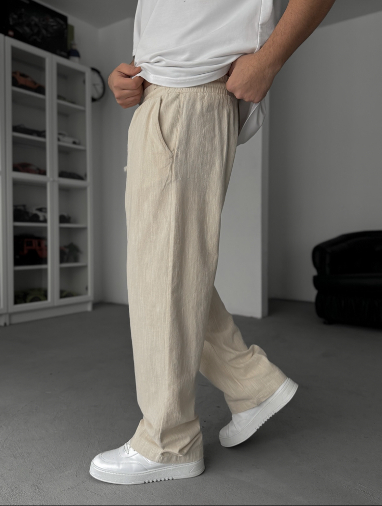 Krem İp Detaylı Keten Pantolon