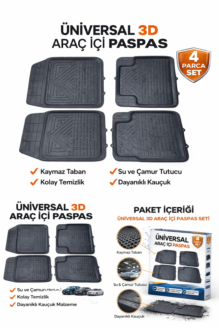 3D Üniversal Oto Paspas Seti 5 Parça Kaymaz Tabanlı Araç İçi Paspas