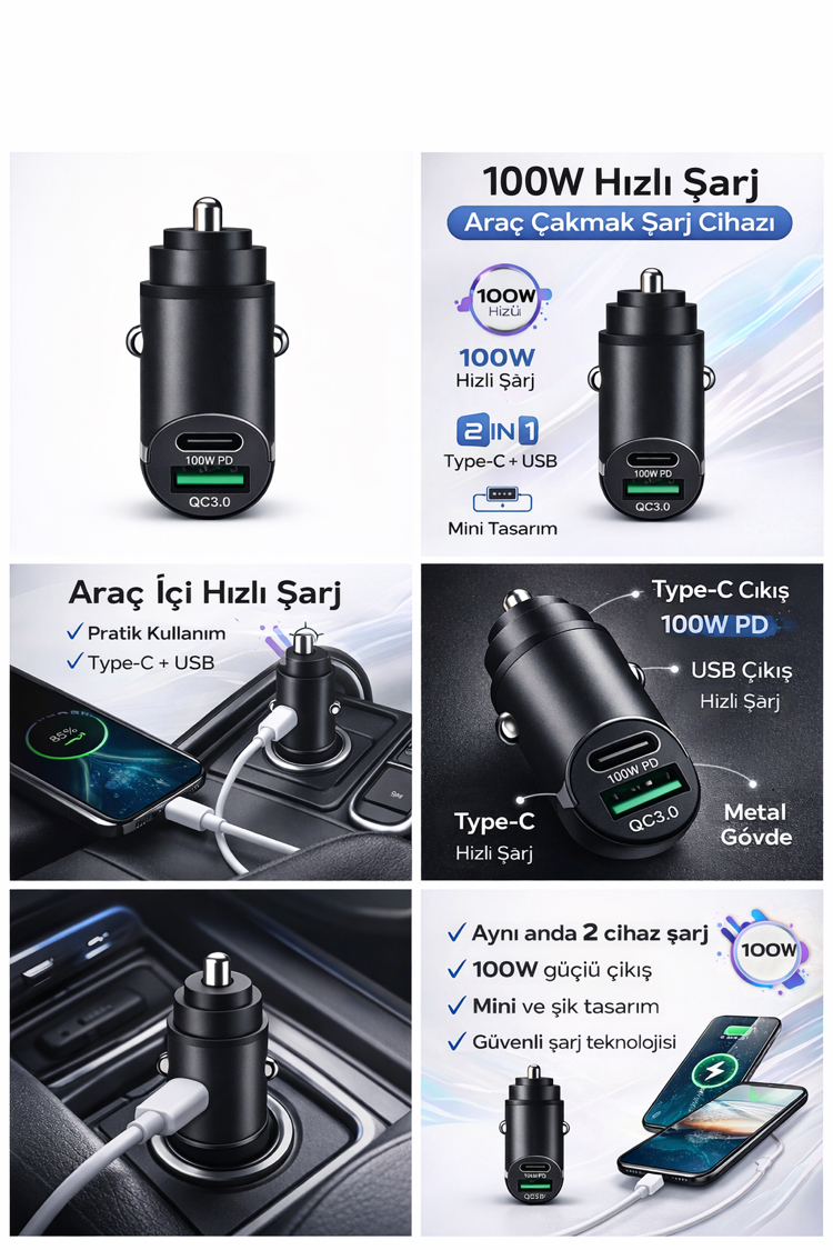 100W Hızlı Şarj Araç Şarj Cihazı – Çift Çıkışlı Mini Araç Çakmak Soketi Adaptörü