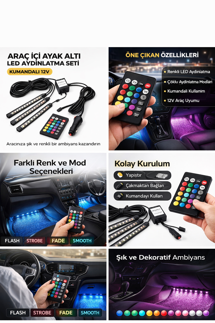 Araç İçi Ayak Altı LED Aydınlatma Seti RGB Ambiyans Işığı