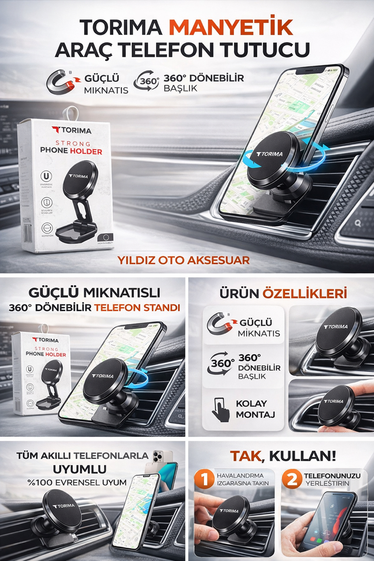 Torima Manyetik Araç Telefon Tutucu – Güçlü Mıknatıslı 360° Dönebilen Telefon Tutucu