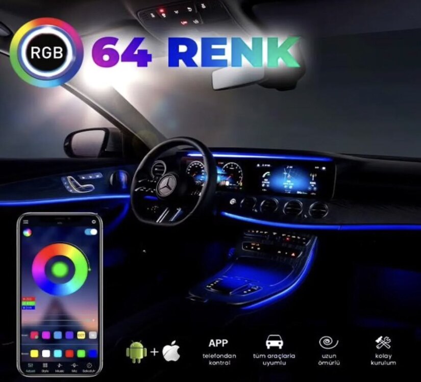 Navimex Araç İçi Ambiyans Aydınlatma Sistemi 64 Renk RGB LED Bluetooth Destekli 