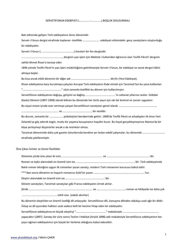 Servetifünun Edebiyatı (Boşluk Doldurmalı) Ders Notları