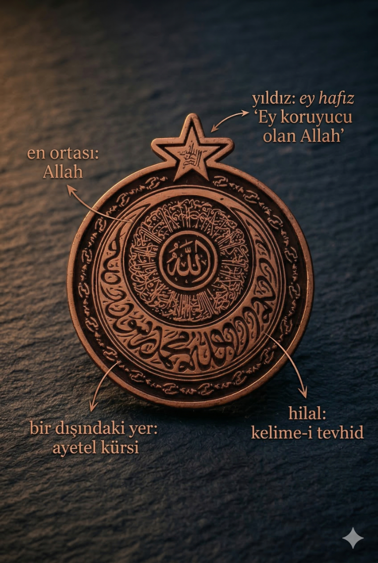 Ayetel Kürsi & Kelime-i Tevhid & Ey Hafız Yazılı Antik Bakır Rozet – Manevi Koruma Sembolü
