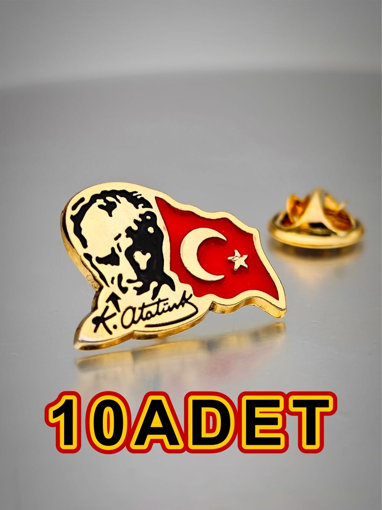 10 Adet YÖRÜK TASARIM Atatürk&Bayrak Yaka Rozeti Altın Kaplama