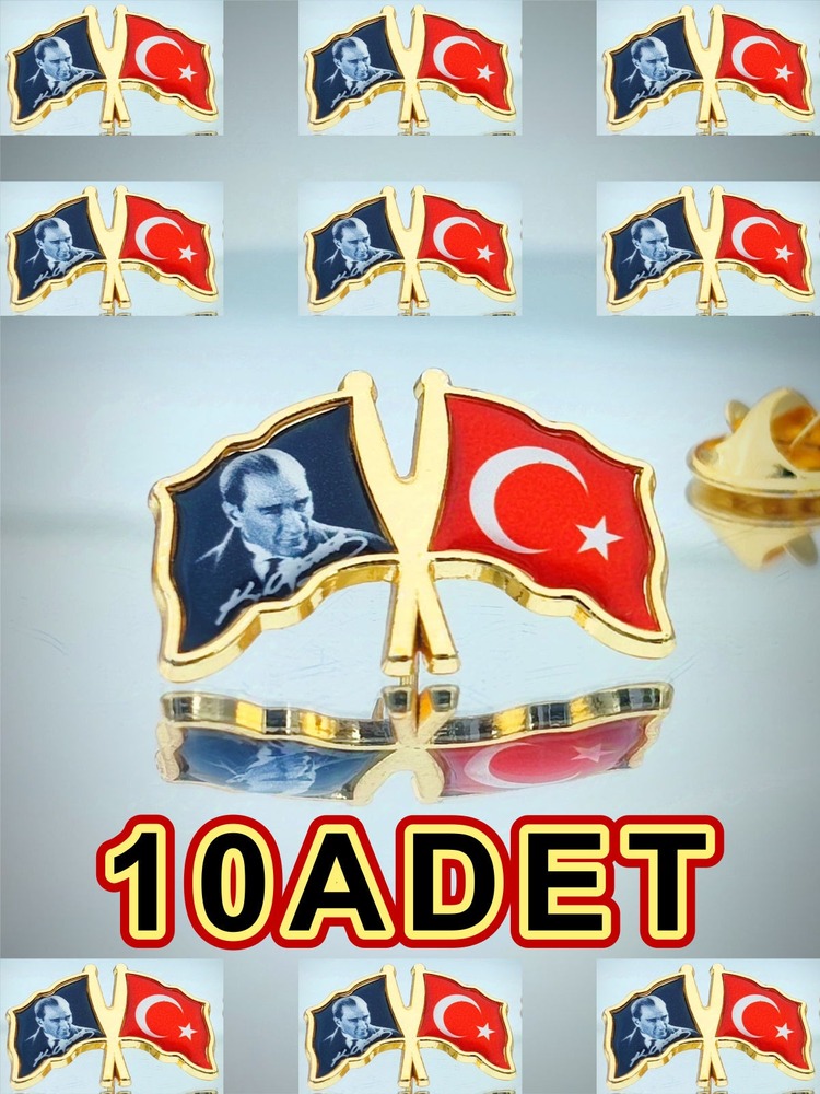 10 Adet Türk Bayrağı & Atatürk Altın Kaplama Mineli Döküm Yaka Rozeti