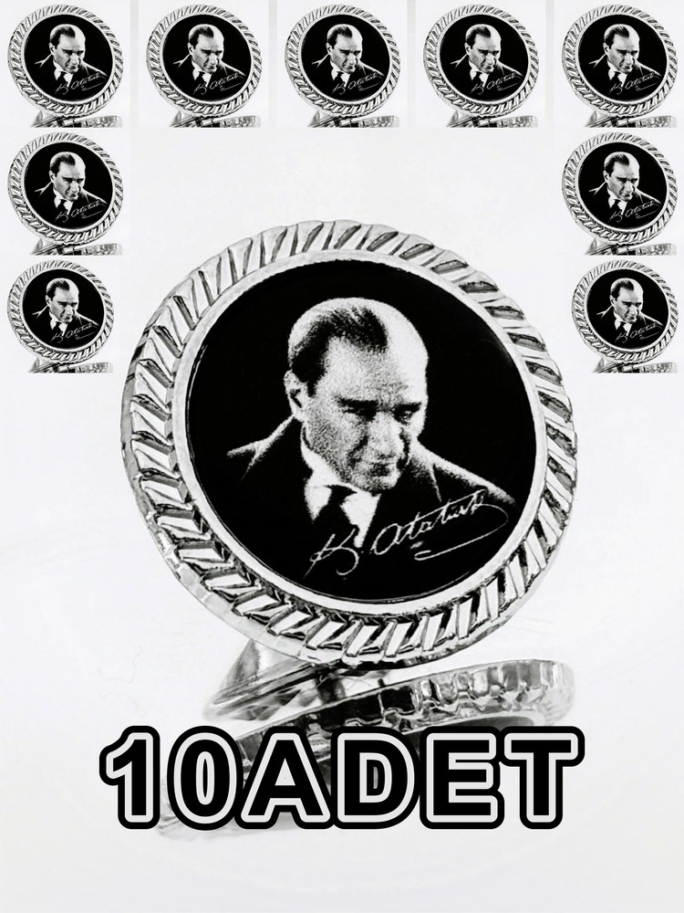 10 Adet Atatürk Gümüş Kaplama / Damla Mineli Yaka Rozeti
