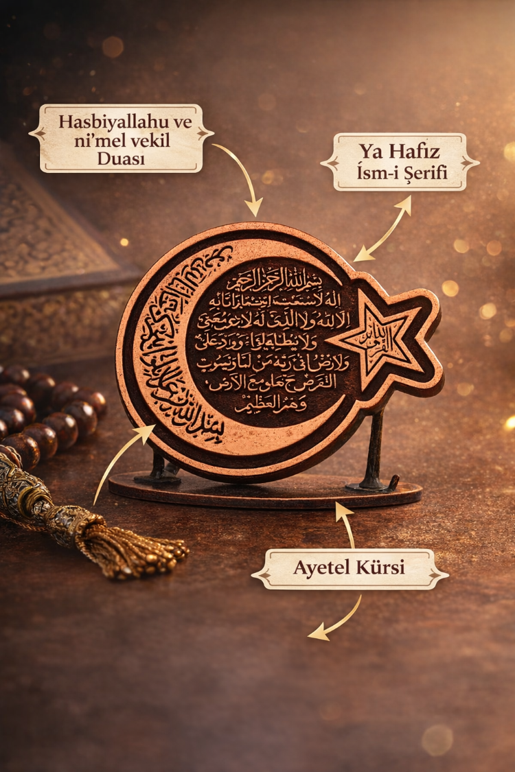Ayetel Kürsi İşlemeli Ham Bakır Ayyıldız Rozet – Hasbiyallahu ve Ni'mel Vekil & Ya Hafız