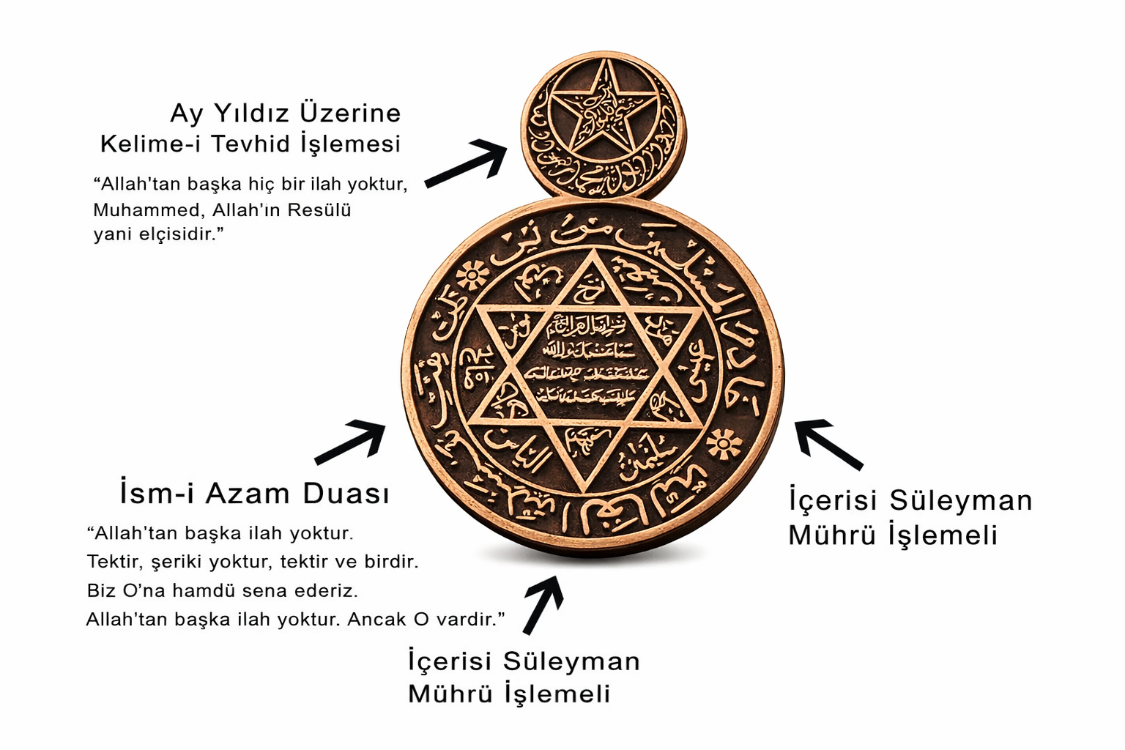 Mühr-ü Süleyman İşlemeli Bakır Rozet – İsmi Azam Duası & Kelime-i Tevhid & Ay Yıldız