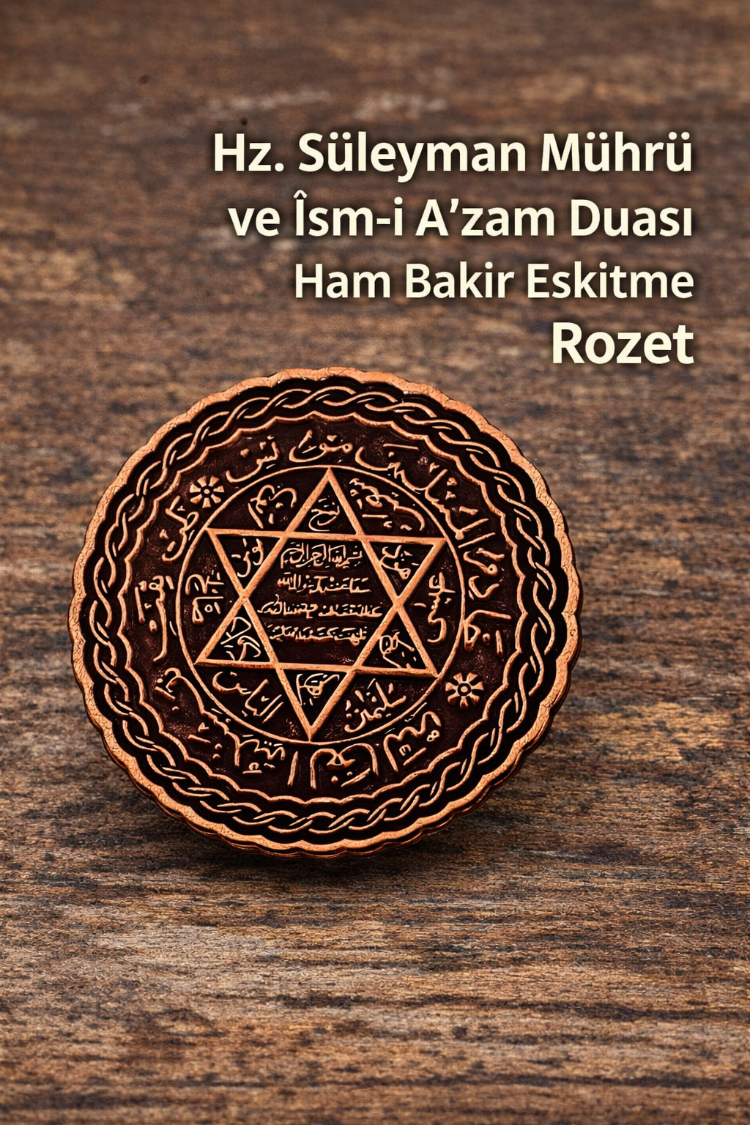 Hz. Süleyman Mührü ve İsm-i A'zam Duası İşlemeli Eskitme Bakır Rozet Manevi Sembol