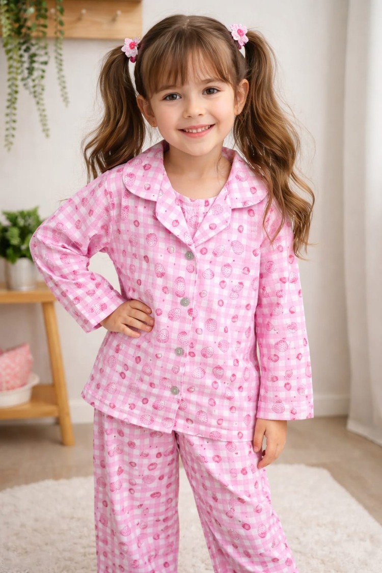 Çilek model gömlek yaka düğmeli pijama takımı