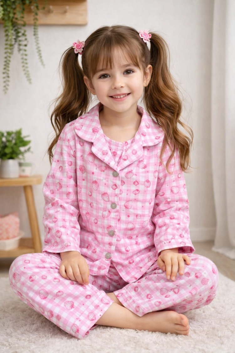 Çilek model gömlek yaka düğmeli pijama takımı