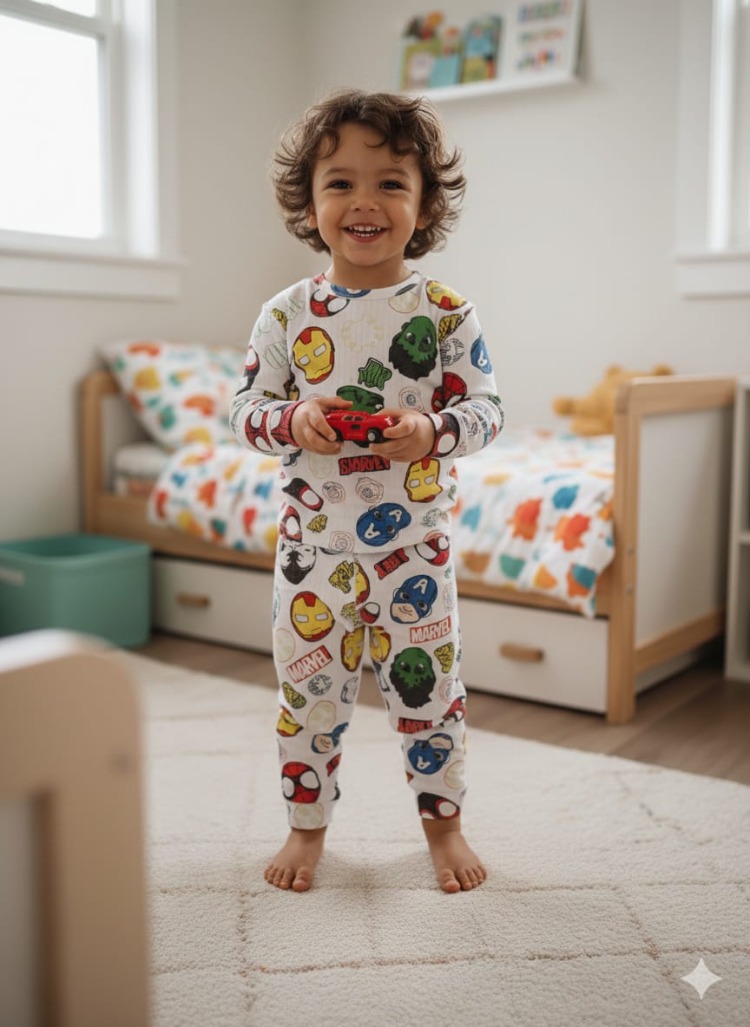 Süper kahramanlar desenli düz model pijama takımı.