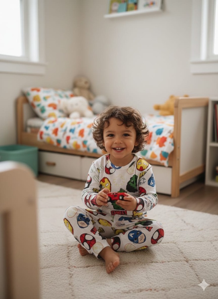 Süper kahramanlar desenli düz model pijama takımı.