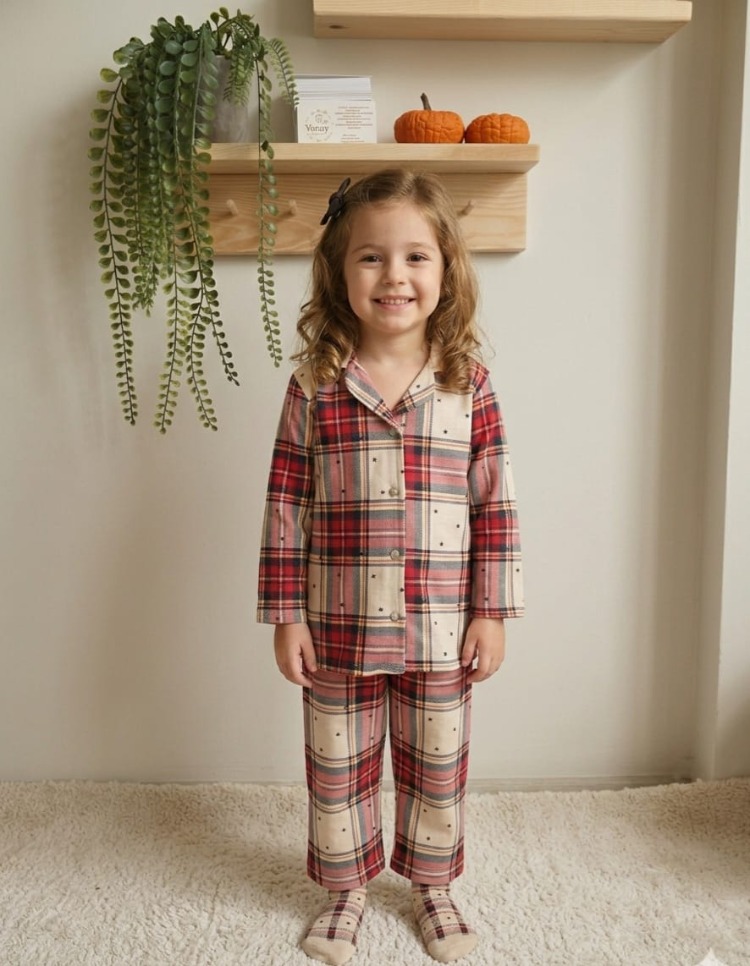 Kırmızı Yıldız Düğmeli Model Pijama Takımı