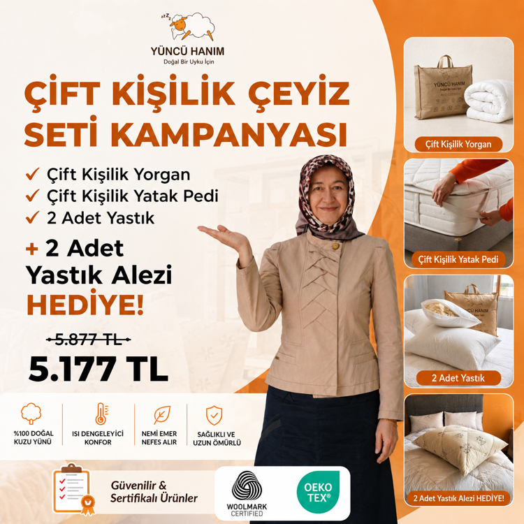 Çift Kişilik Çeyiz Seti (2 ADET YÜN YASTIK ALEZİ HEDİYELİ )