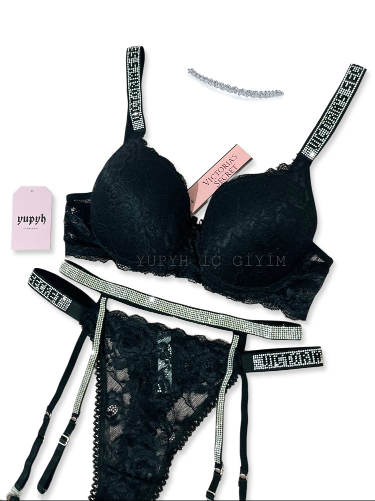  Victoria’s Secret Siyah Dantelli Very Sexy Shine Jartiyer Takım