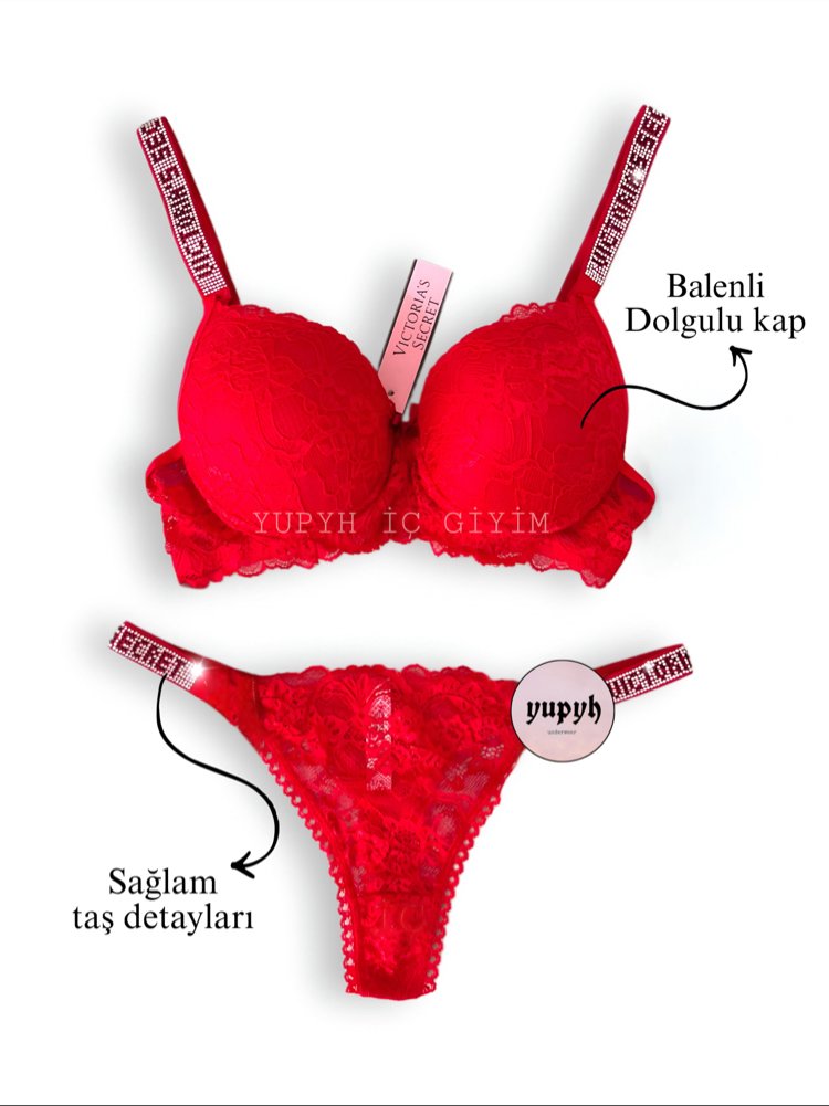  Victoria’s Secret Taşlı Kırmızı Dantelli Sütyen Takım