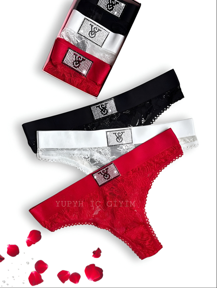  Victoria’s Secret Özel Seri Taşlı Dantelli 3’lü Tanga Set 
