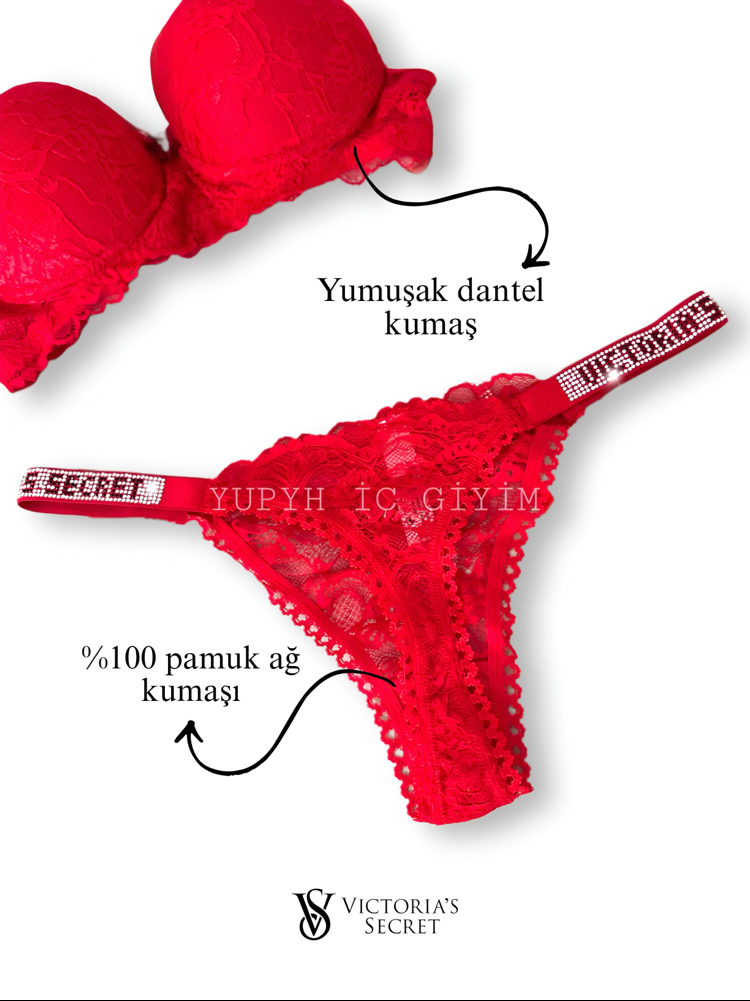  Victoria’s Secret Taşlı Kırmızı Dantelli Sütyen Takım