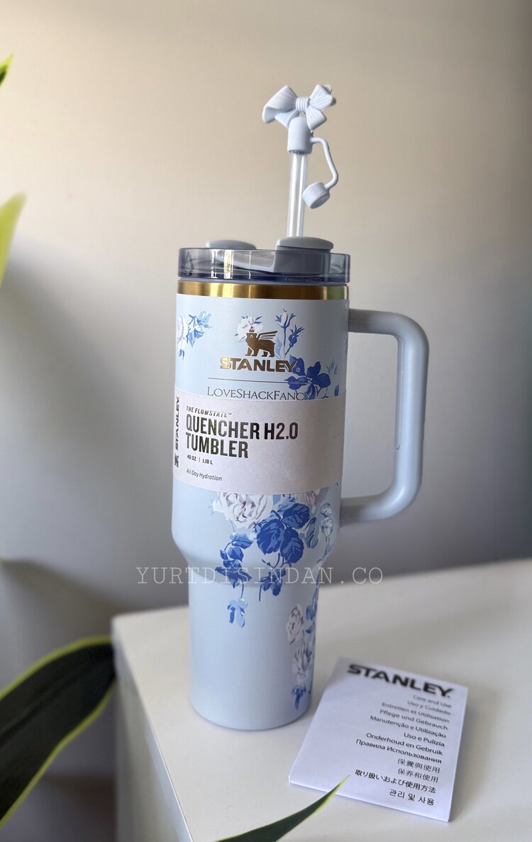 Stanley MAVİ Quencher Pipetli Termos Bardak / Ekru Desenli 40 Oz - 0.88L