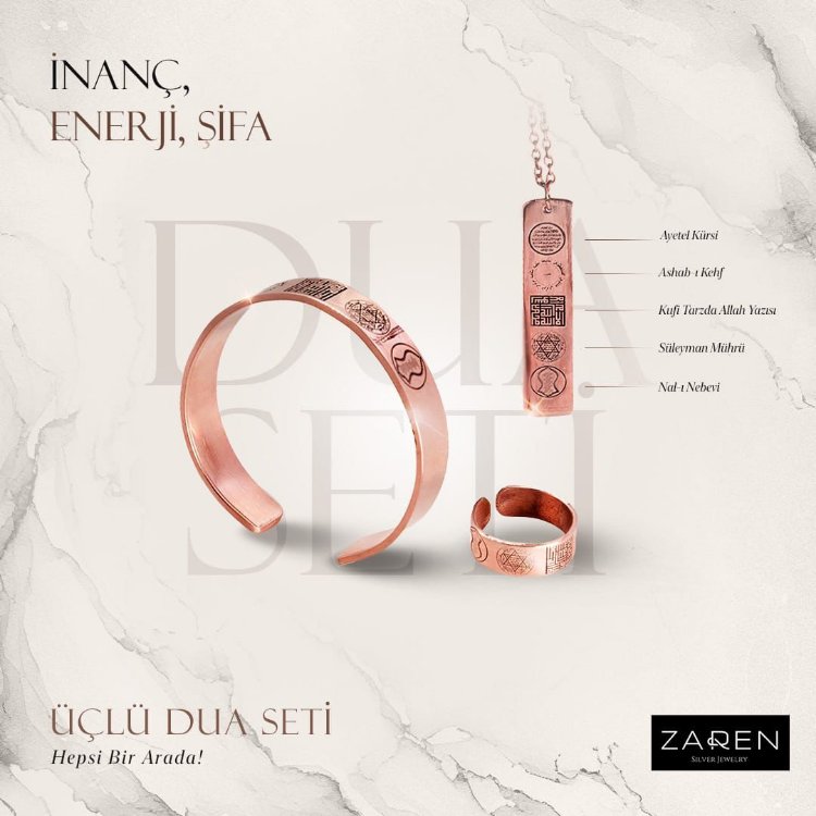 Bakır Beşli Dua Bileklik, Yüzük, Kolye Set ZRN0099