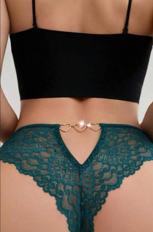 ZARVIA Dantelli Kalp Detaylı Şık Desenli Brazilian Stil Tanga Zümrüt Yeşili