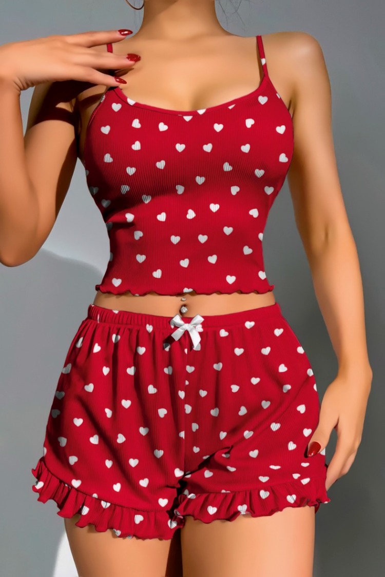 ZARVIA Pamuklu Kırmızı Beyaz Kalpli Fitilli Crop Şort Pijama Takımı