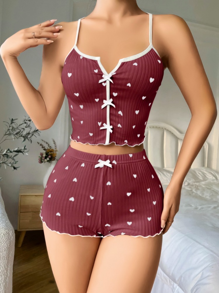 ZARVIA Kalp Desenli Crop Şort Pijama Takımı %100 Pamuk Kahverengi