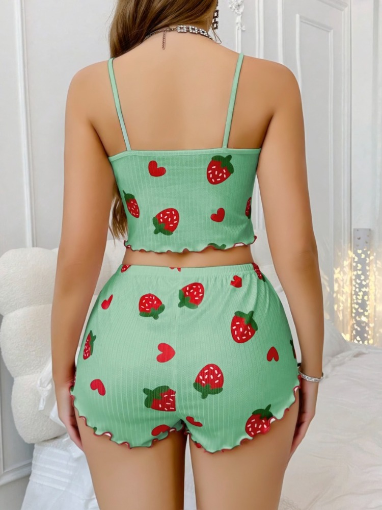 Çilek Desenli Yeşil Şort Askılı Crop Pijama Takım %100 Pamuk