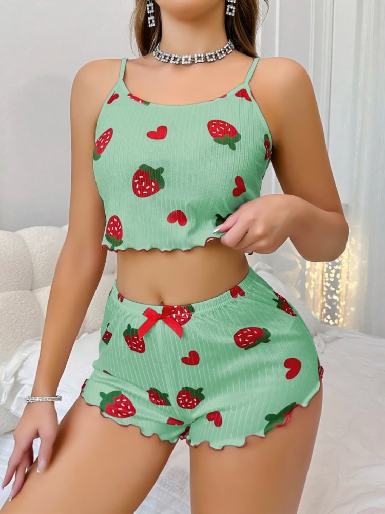 Çilek Desenli Yeşil Şort Askılı Crop Pijama Takım %100 Pamuk