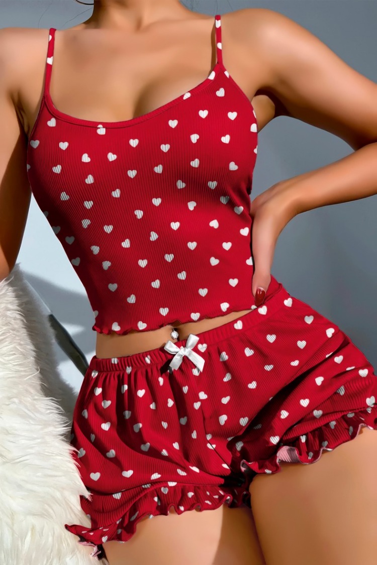 ZARVIA Pamuklu Kırmızı Beyaz Kalpli Fitilli Crop Şort Pijama Takımı