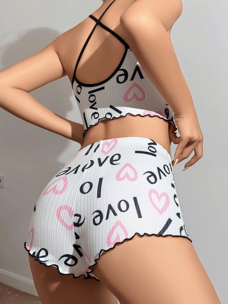 ZARVIA Love Kalp Baskılı Crop Şort Pijama Takımı %100 Pamuk Beyaz 