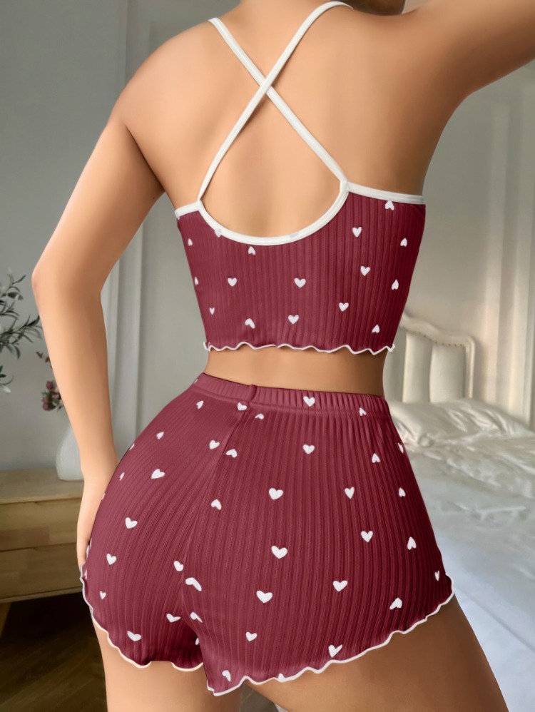 ZARVIA Kalp Desenli Crop Şort Pijama Takımı %100 Pamuk Kahverengi