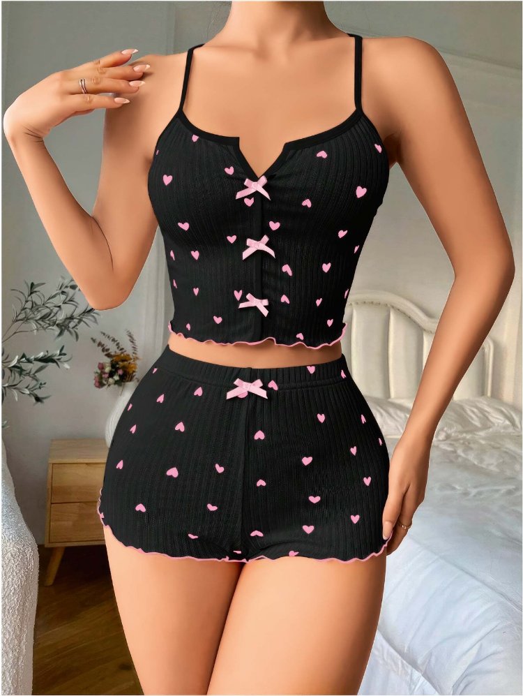 ZARVIA Kalp Desenli Şort Crop Pijama Takımı %100 Pamuk Siyah