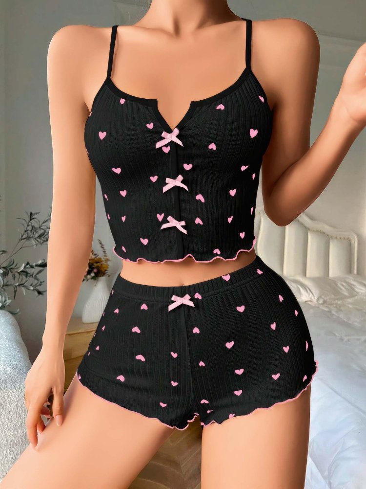 ZARVIA Kalp Desenli Şort Crop Pijama Takımı %100 Pamuk Siyah