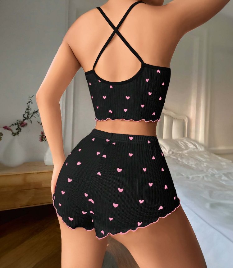 ZARVIA Kalp Desenli Şort Crop Pijama Takımı %100 Pamuk Siyah