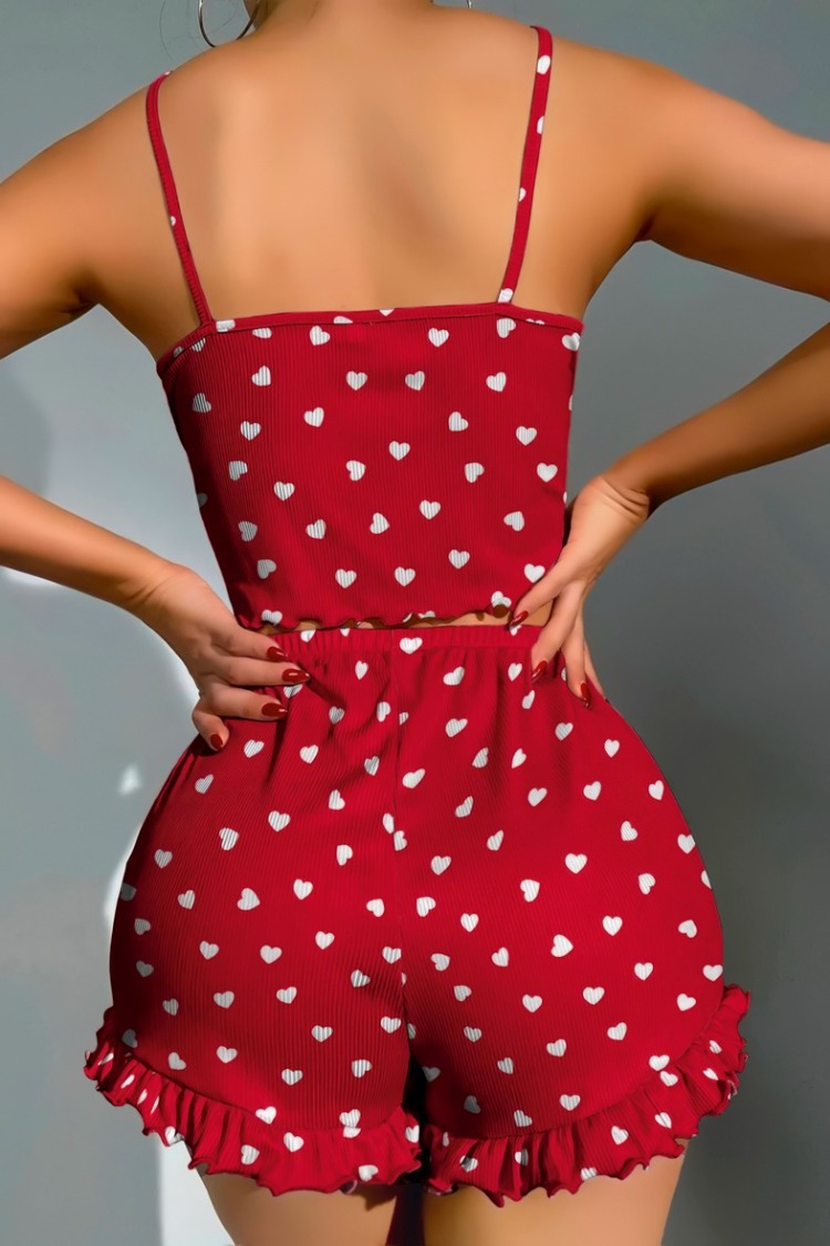 ZARVIA Pamuklu Kırmızı Beyaz Kalpli Fitilli Crop Şort Pijama Takımı